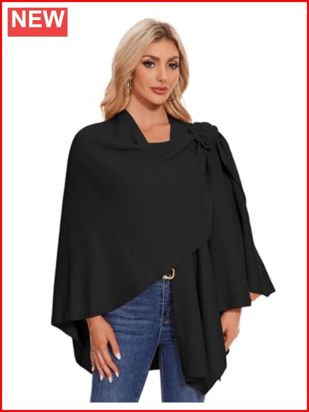 Women Cross Front Floral Shawl Wrap Poncho Viscose Knit Fall Winter